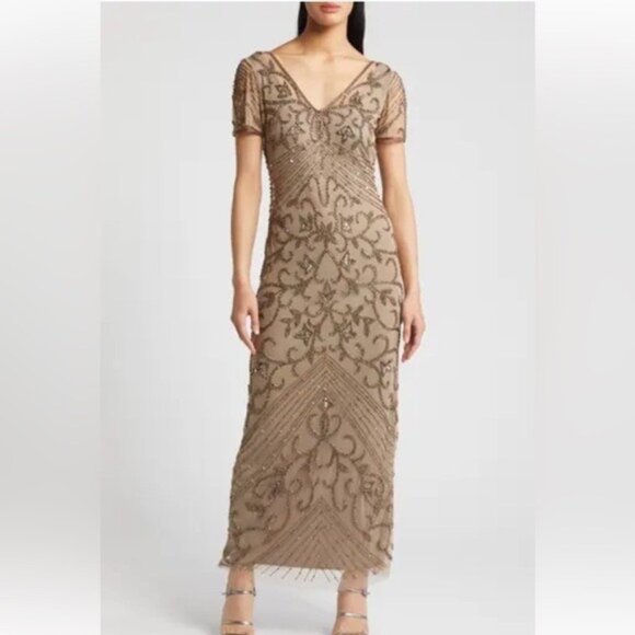 PISARRO NIGHTS Beaded Mesh Column Gown In Oyster size 2 - Picture 1 of 8